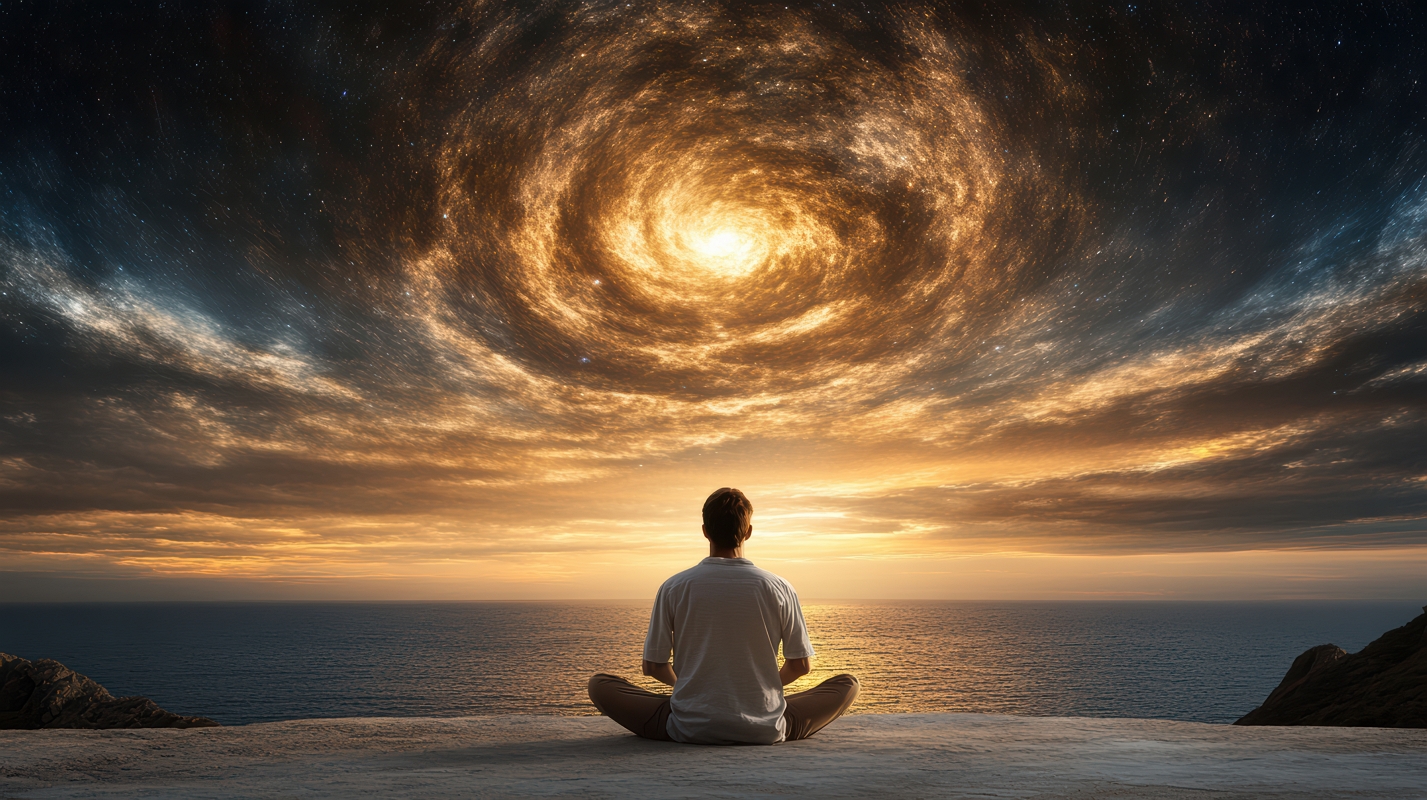 Man seated in meditation position before a lake, with circular clouds overhead